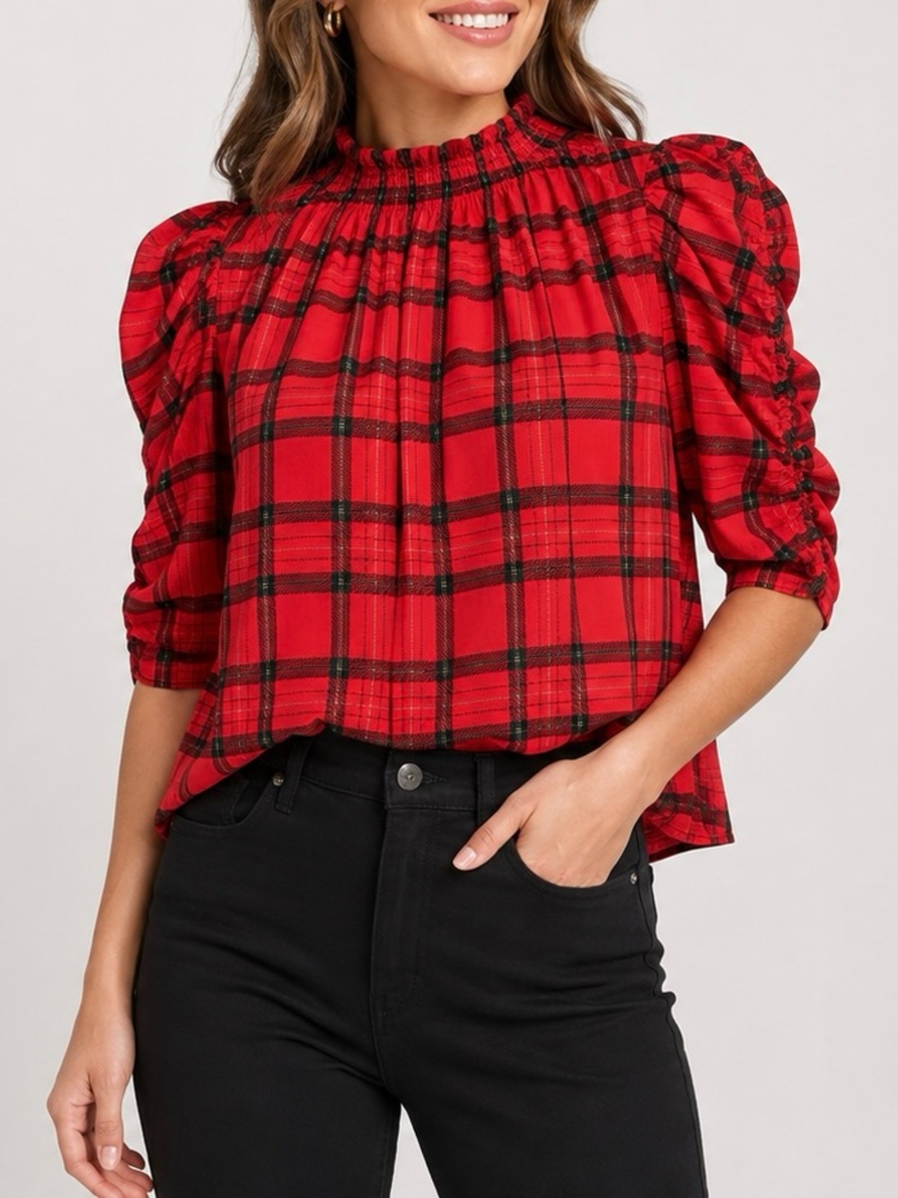 Sugarlips Red Black Plaid Puff Sleeve Blouse Smocked Neck XL